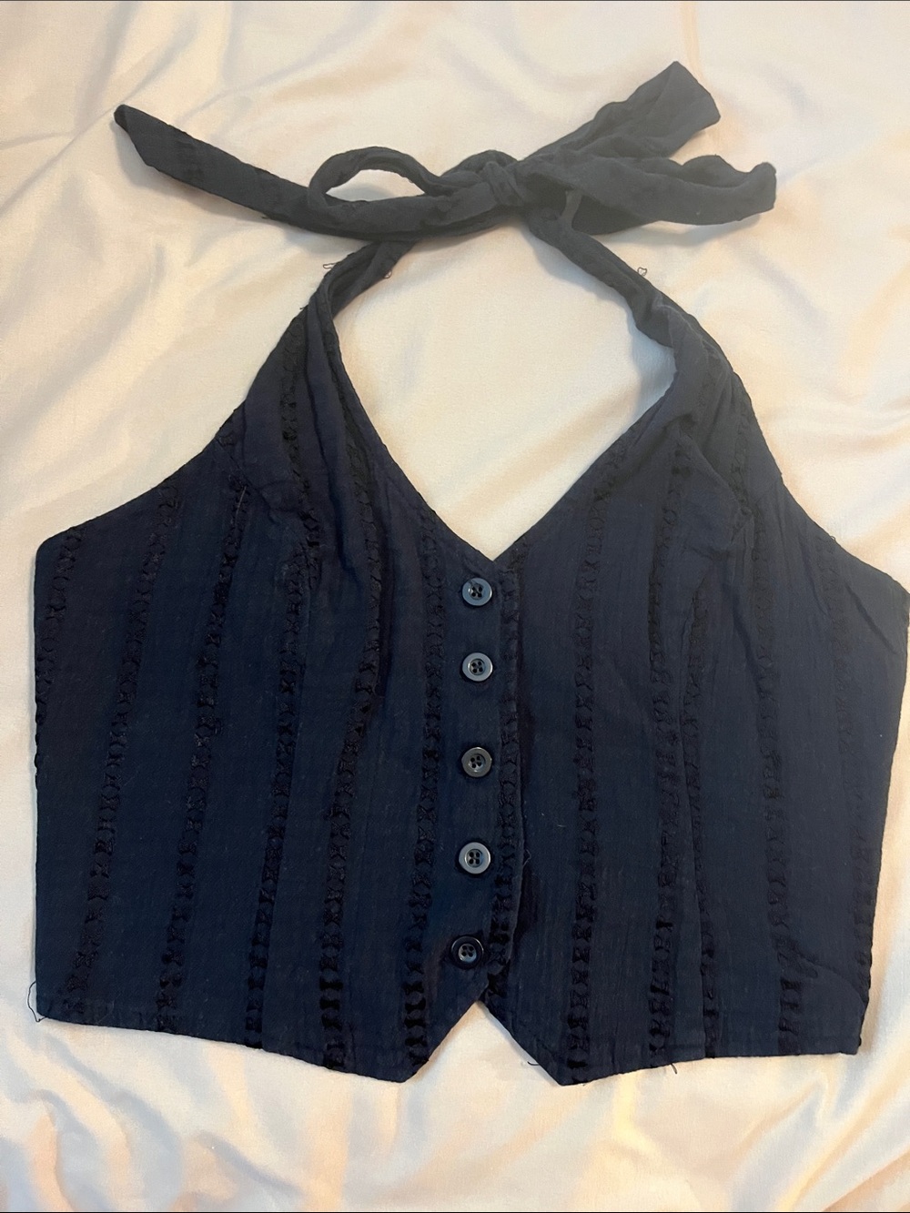 Forever 21 Black Textured Button Halter Crop Top